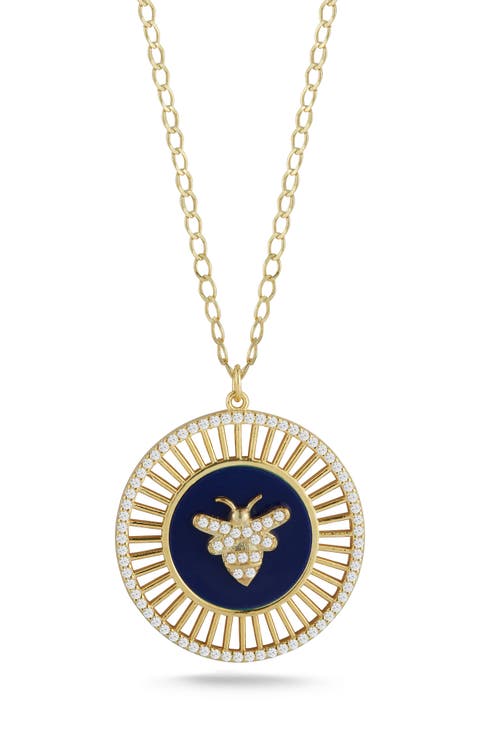 14K Gold Vermeil CZ Bee Medallion Pendant Necklace