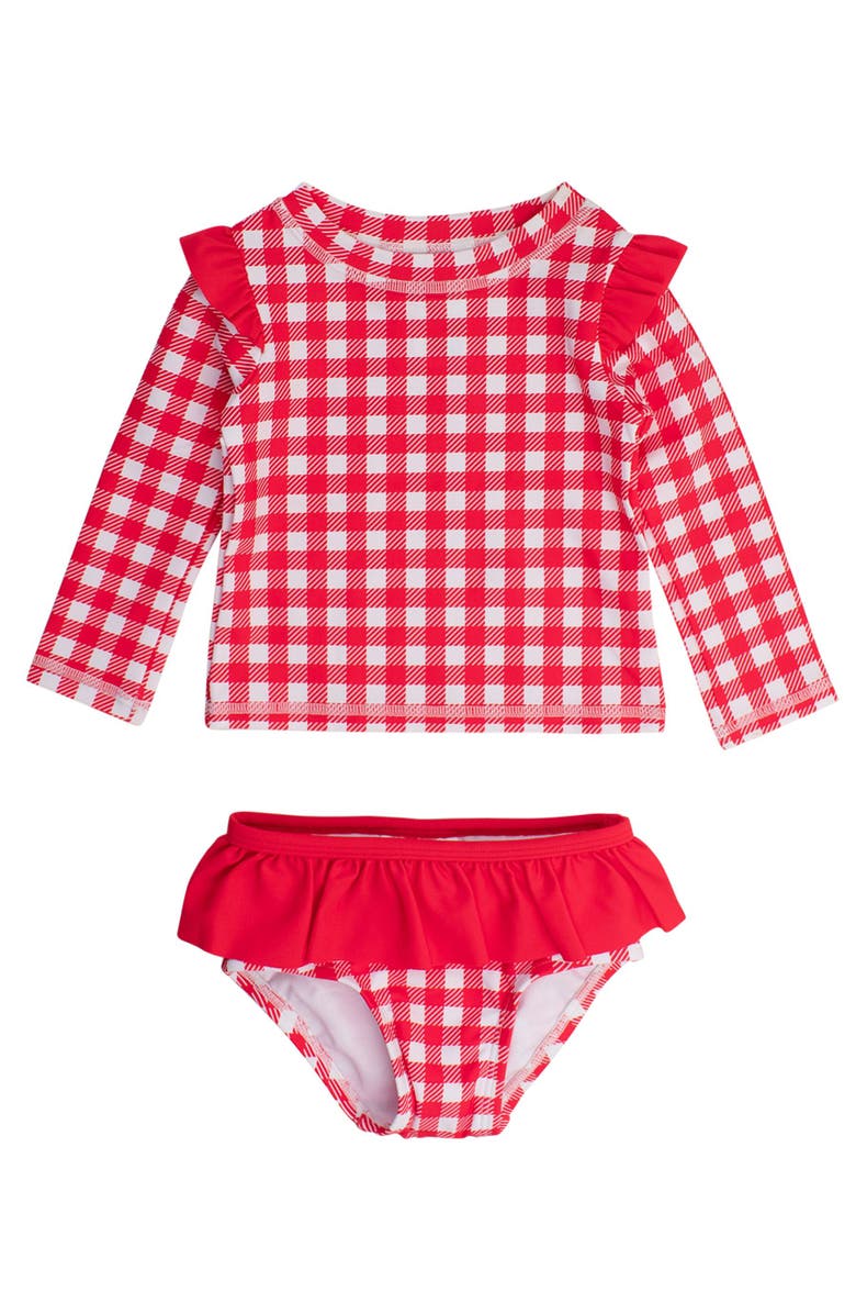 RuffleButts Baby/Toddler Girls UPF50+ Sun Protected Skirted Flutter Long Sleeve Rash Guard Bikini, Main, color, Vintage Red Gingham