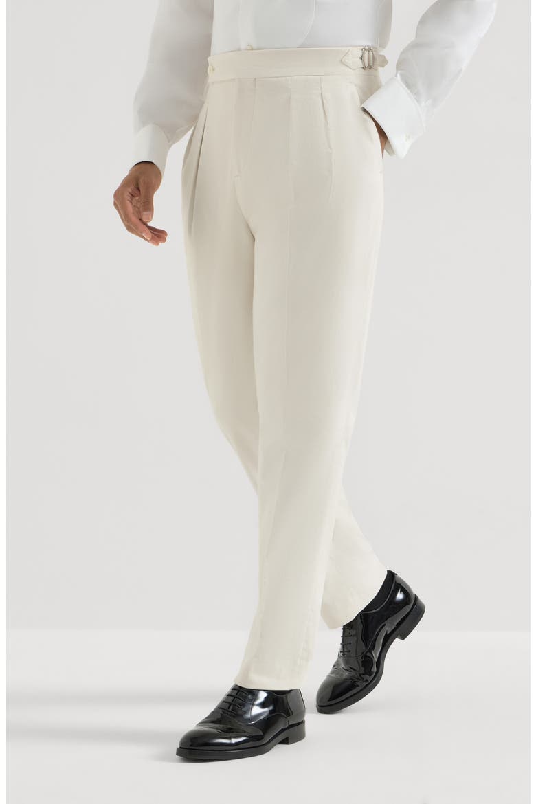 Sea Island cotton narrow wale corduroy tuxedo trousers with double pleats and tabbed waistband, Main, color, Milk