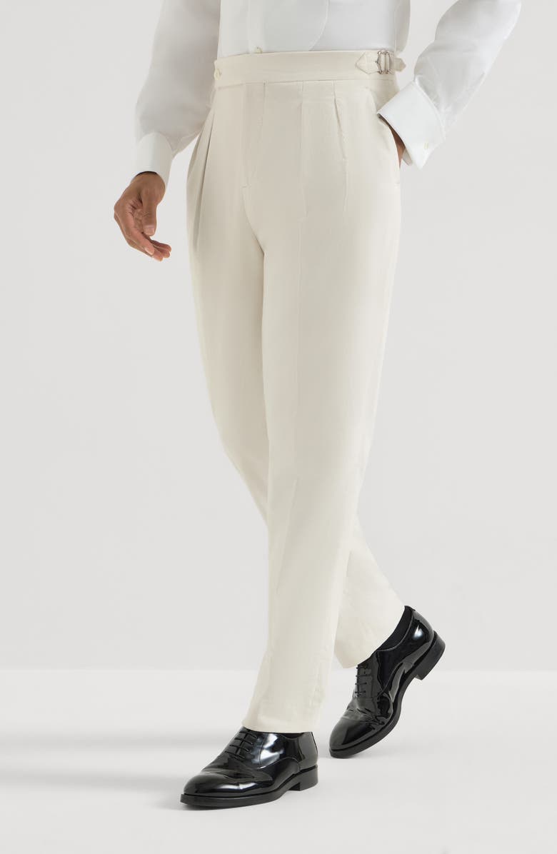 Brunello Cucinelli Sea Island cotton narrow wale corduroy tuxedo trousers with double pleats and tabbed waistband, Main, color, Milk