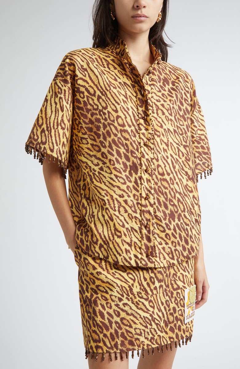 Zimmermann Coco Leopard Print Beaded Fringe Shirt, Alternate, color, Leopard