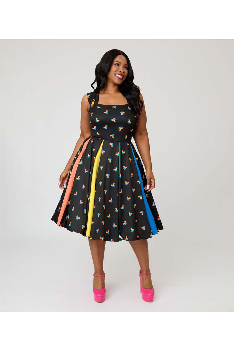 Plus Size Square Neck Sleeveless Godet Swing Dress, Main, color, Black Rainbow Mickey Print