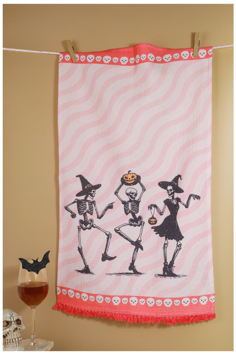 Set of Three The Danse Macabre Halloween Kitchen Towels, Alternate, color, HOT PINK/ BLACK / CORAL