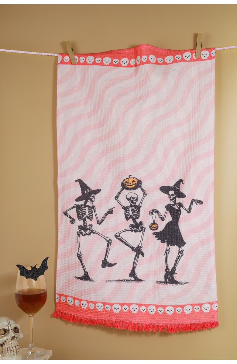 Tiramisu Set of Three The Danse Macabre Halloween Kitchen Towels, Alternate, color, Hot Pink/ Black / Coral