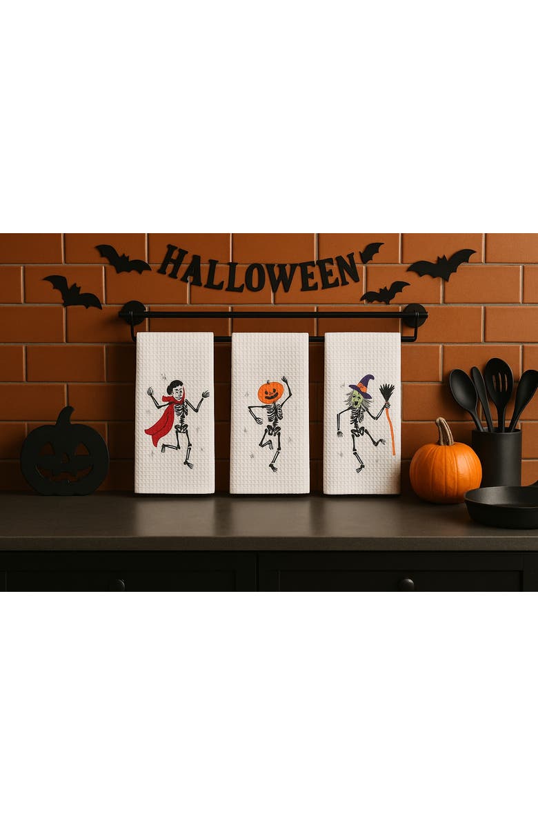 C&F Home Dancing Jack O' Lantern Skeleton Halloween Embroidered 100% Cotton Waffle Weave Kitchen Dishtowel, Alternate, color, Orange