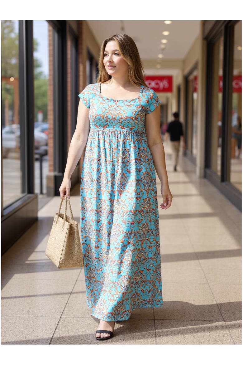 Plus Size Abstract Square Neck Cap Sleeve Pleated A-Line Maxi Dress, Alternate, color, Blue Multi
