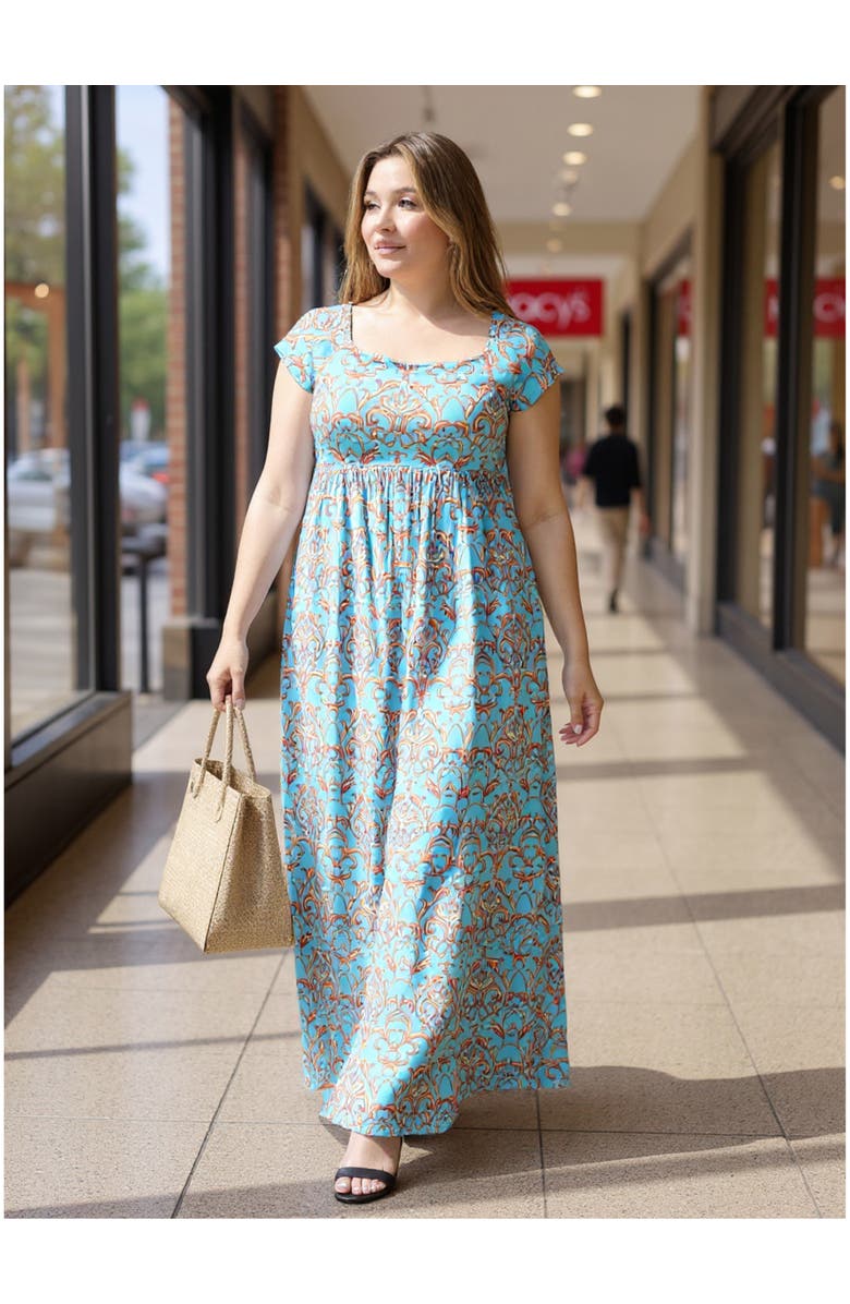 24seven Comfort Apparel Plus Size Abstract Square Neck Cap Sleeve Pleated A-Line Maxi Dress, Alternate, color, Blue Multi