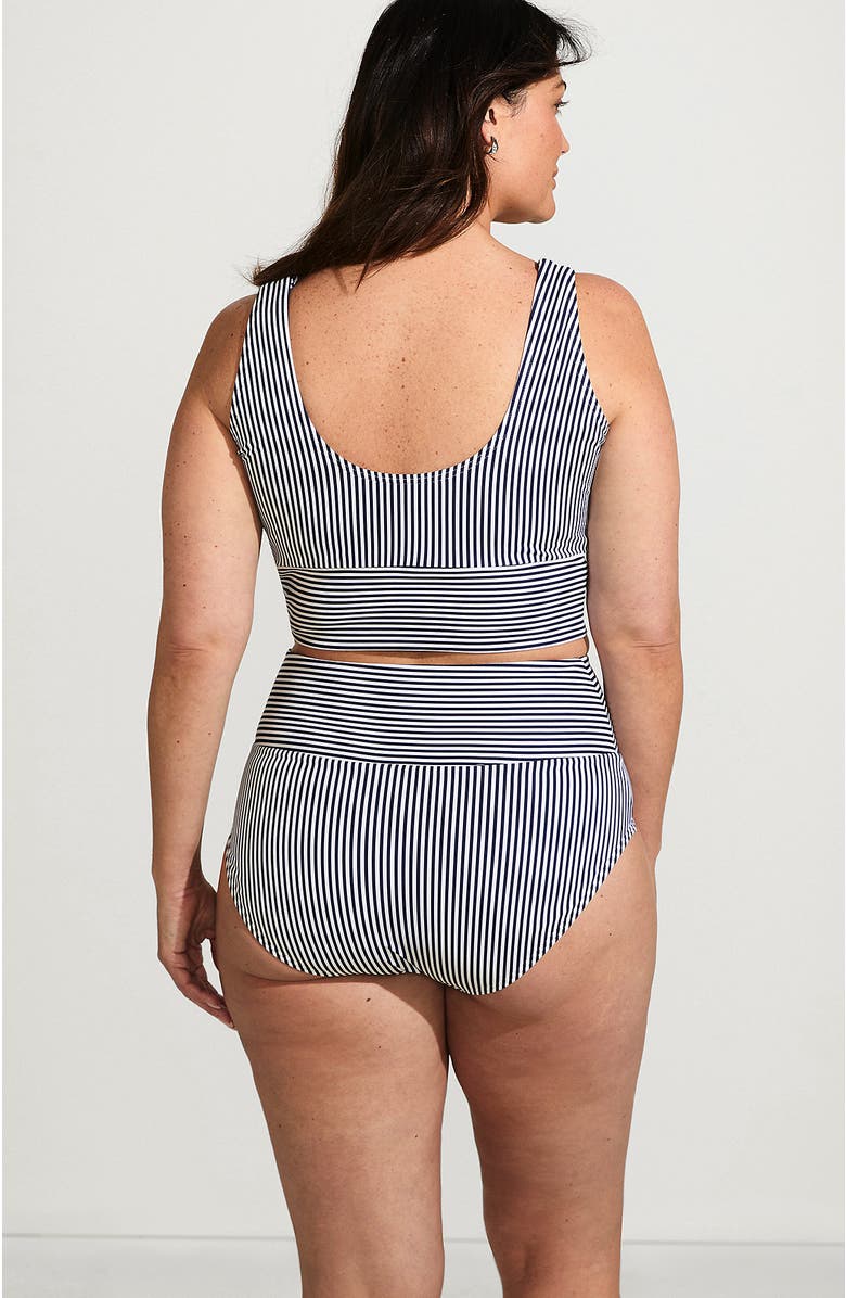 Lands' End Tugless Tankini Top and High Waisted Bottom Swimsuit Set, Alternate, color, Deep Sea Navy Mini Stripe