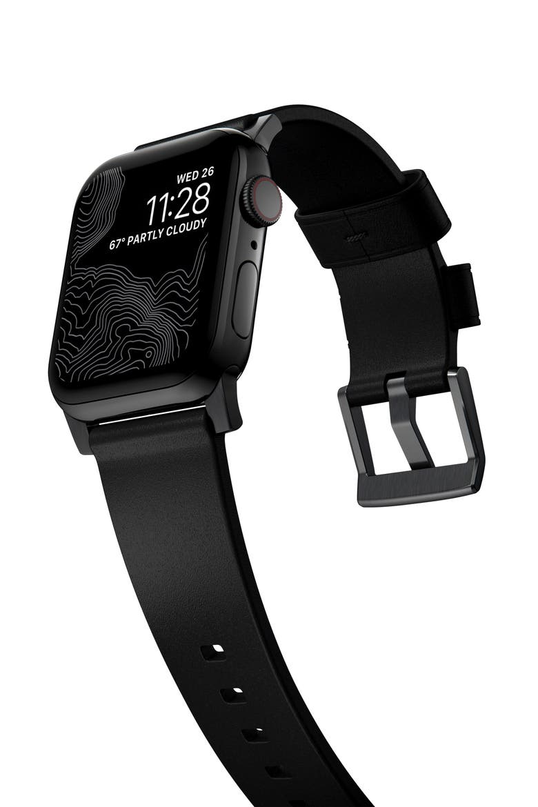 Modern Leather 22mm Apple Watch® Watchband, Alternate, color, BLACK/ BLACK