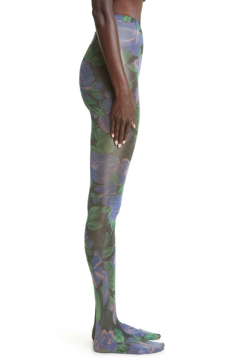 Floral Print Sheer Tights, Main, color, PURPLE ROSE