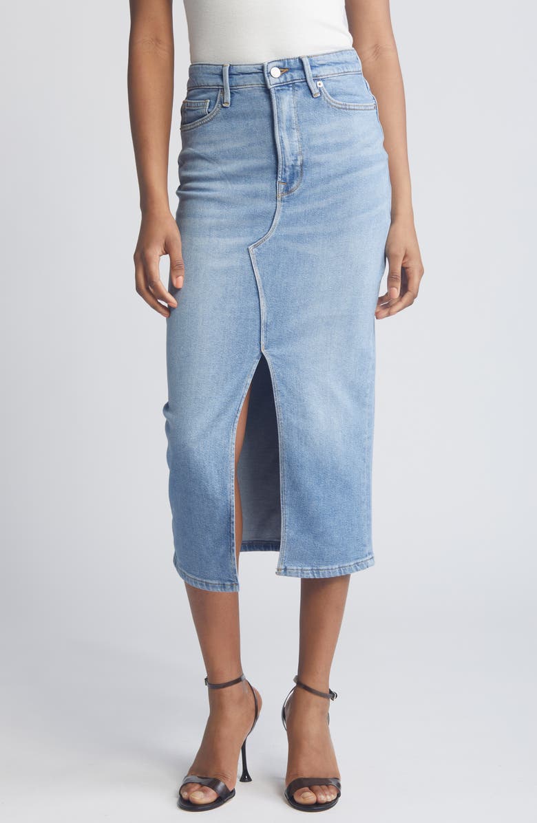 Good American Slit Front Denim Midi Skirt, Main, color, Blue598