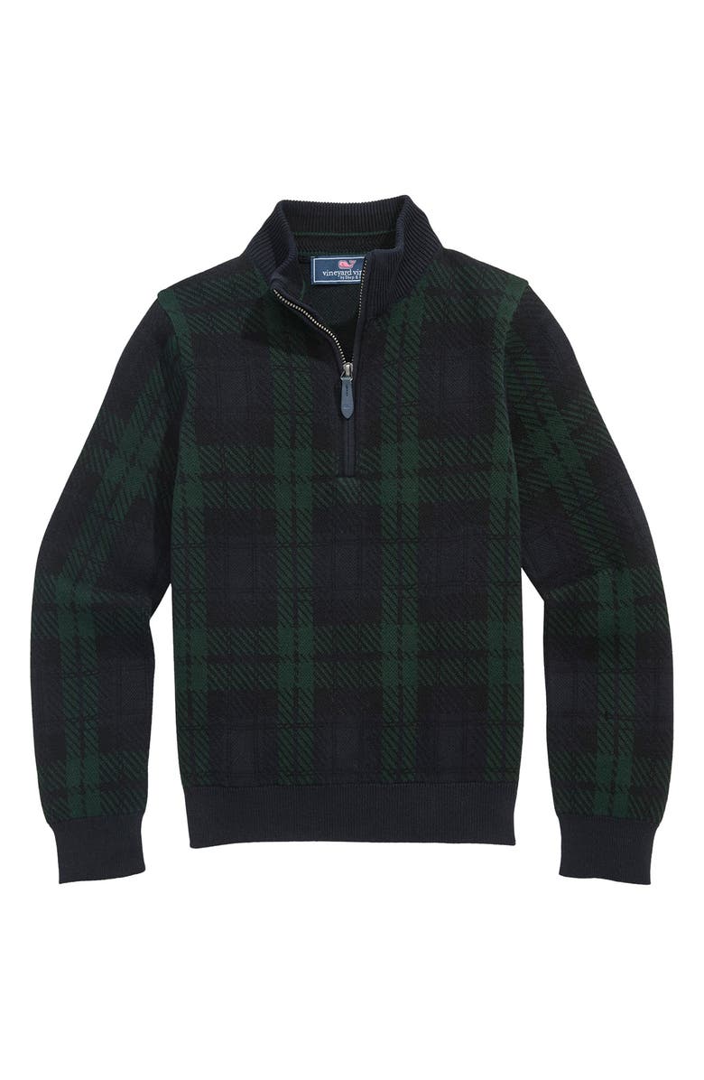 vineyard vines Kids' Boathouse Plaid Cotton Quarter Zip Sweater, Main, color, Blackwatch Plaid