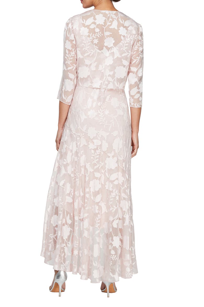 Metallic Floral High-Low Chiffon Jacquard Midi Dress with Jacket, Alternate, color, SHELL PINK