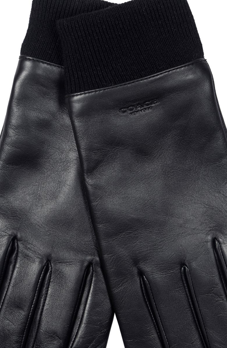 COACH Knit Cuff Leather Tech Gloves, Alternate, color, Black