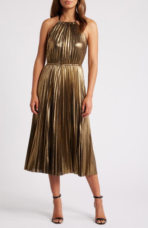 Messoni metalic Gold pleats newest midi dress