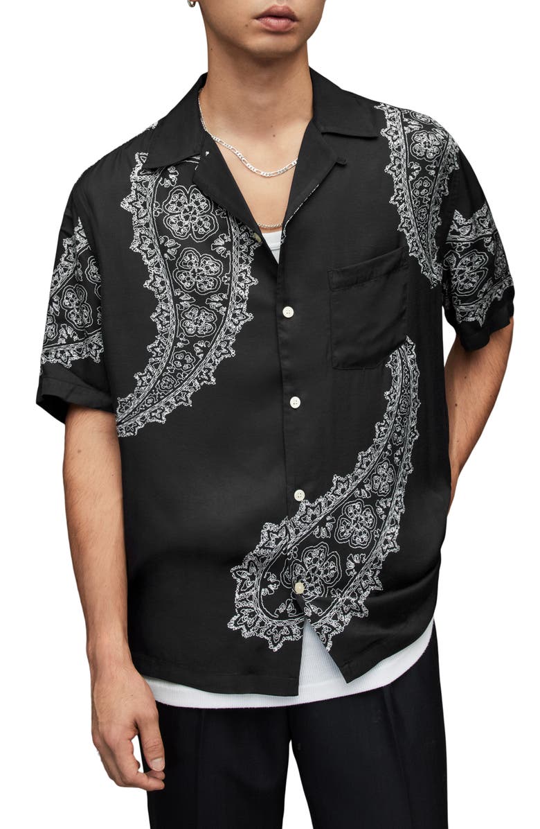 AllSaints Aaran Relaxed Fit Paisley Short Sleeve Button-Up Camp Shirt, Main, color, 