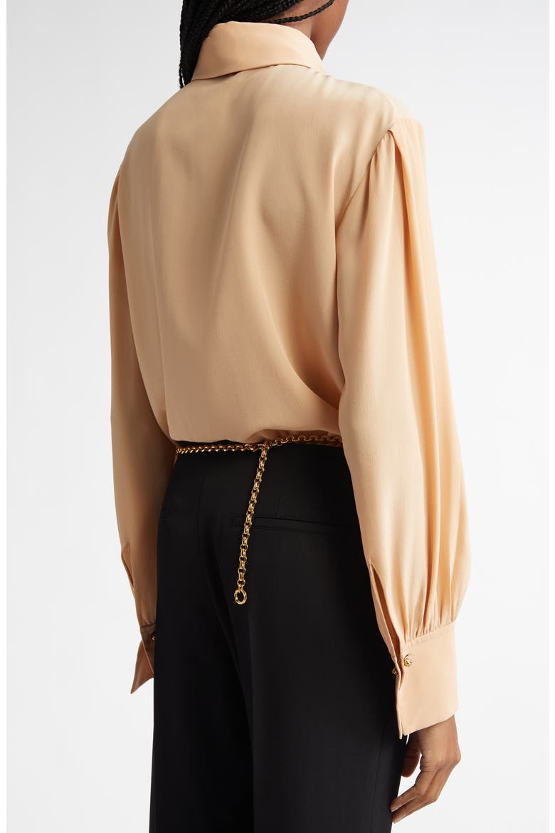 Tie Neck Silk Crêpe de Chine Button-Up Shirt, Alternate, color, SAND BROWN