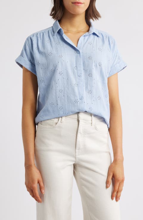 Noa Embroidered Cotton Blend Button-Up Top