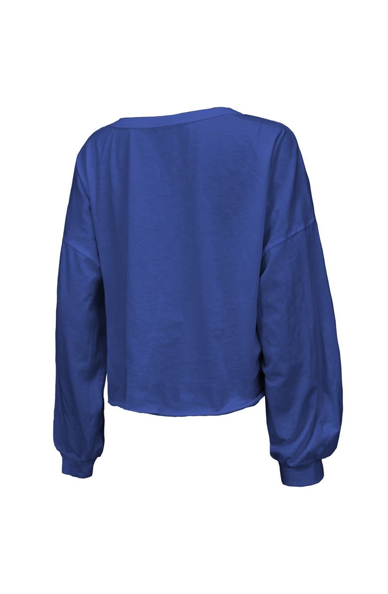 Majestic Threads Women's Majestic Threads Royal Texas Rangers 2023 World Series Champions Off-Shoulder Script Cropped Long Sleeve V-Neck T-Shirt, Alternate, color,