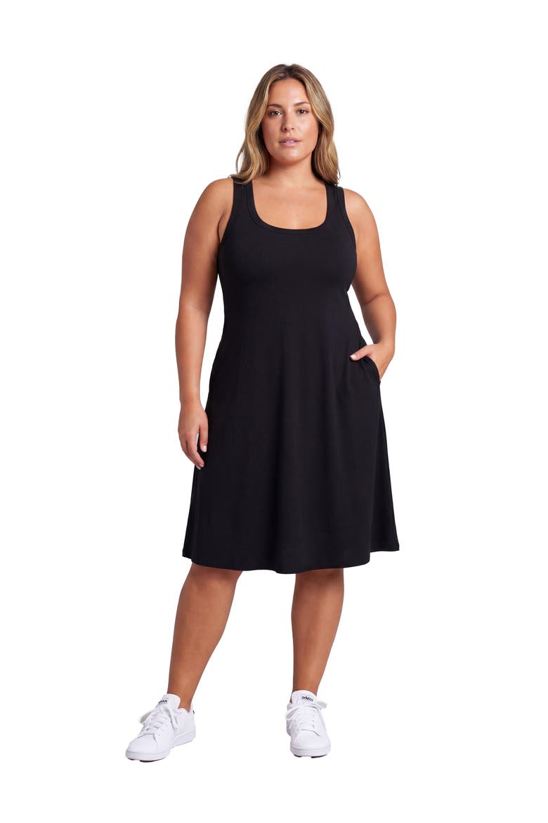 Curvy Essential Ribbed Knit Sleeveless Scoop Neck Pocket A-Line Midi Dress, Main, color, Black
