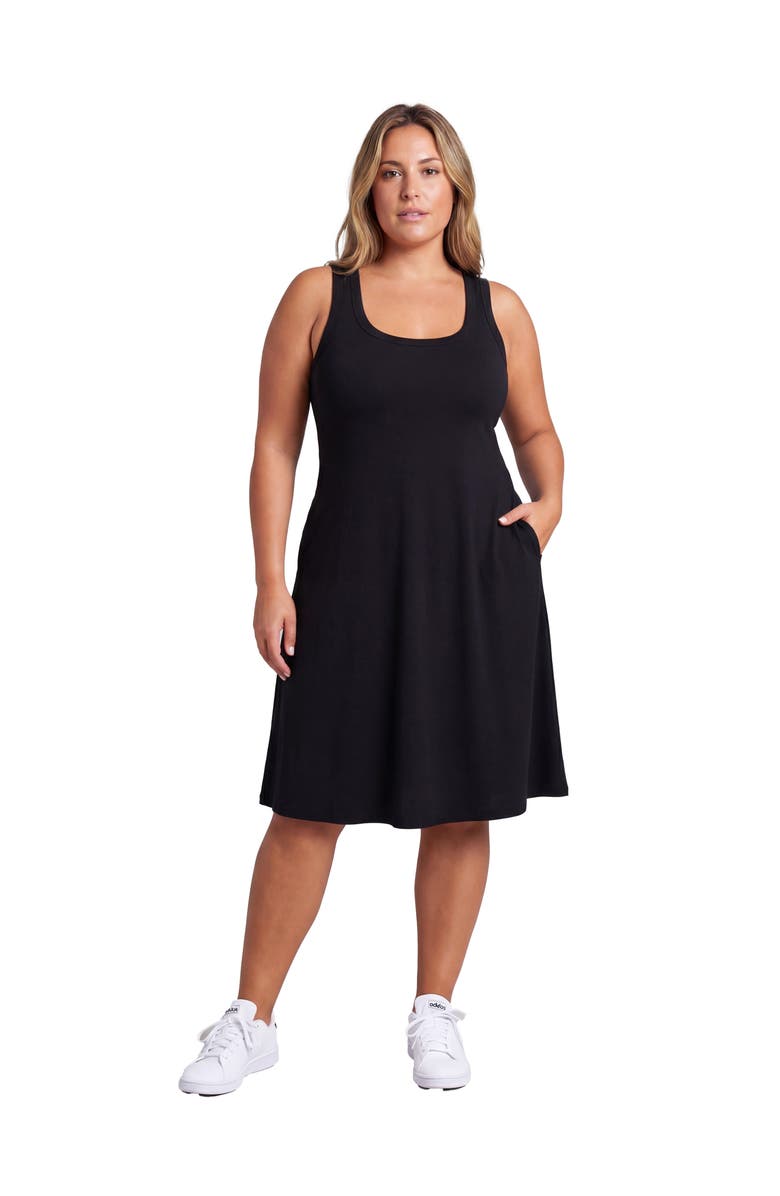 24seven Comfort Apparel Curvy Essential Ribbed Knit Sleeveless Scoop Neck Pocket A-Line Midi Dress, Main, color, Black