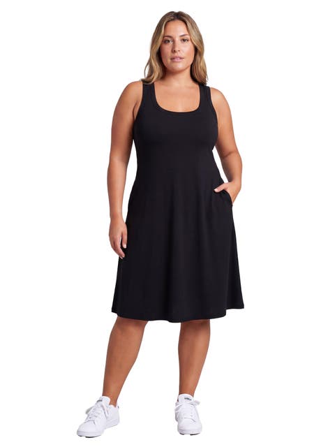 Curvy Essential Ribbed Knit Sleeveless Scoop Neck Pocket A-Line Midi Dress