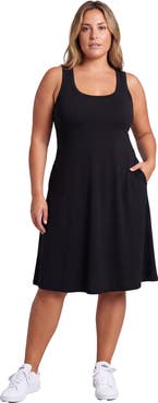 24seven Comfort Apparel Curvy Essential Ribbed Knit Sleeveless Scoop Neck Pocket A-Line Midi Dress