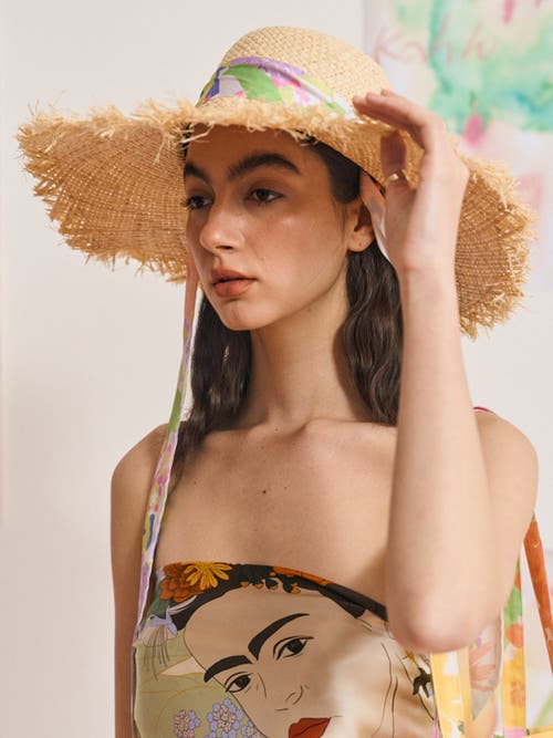 Lost Pattern Nyc Frida X Lost Pattern "frida's Garden" Straw Hat With Ribbon Tie In Neutral