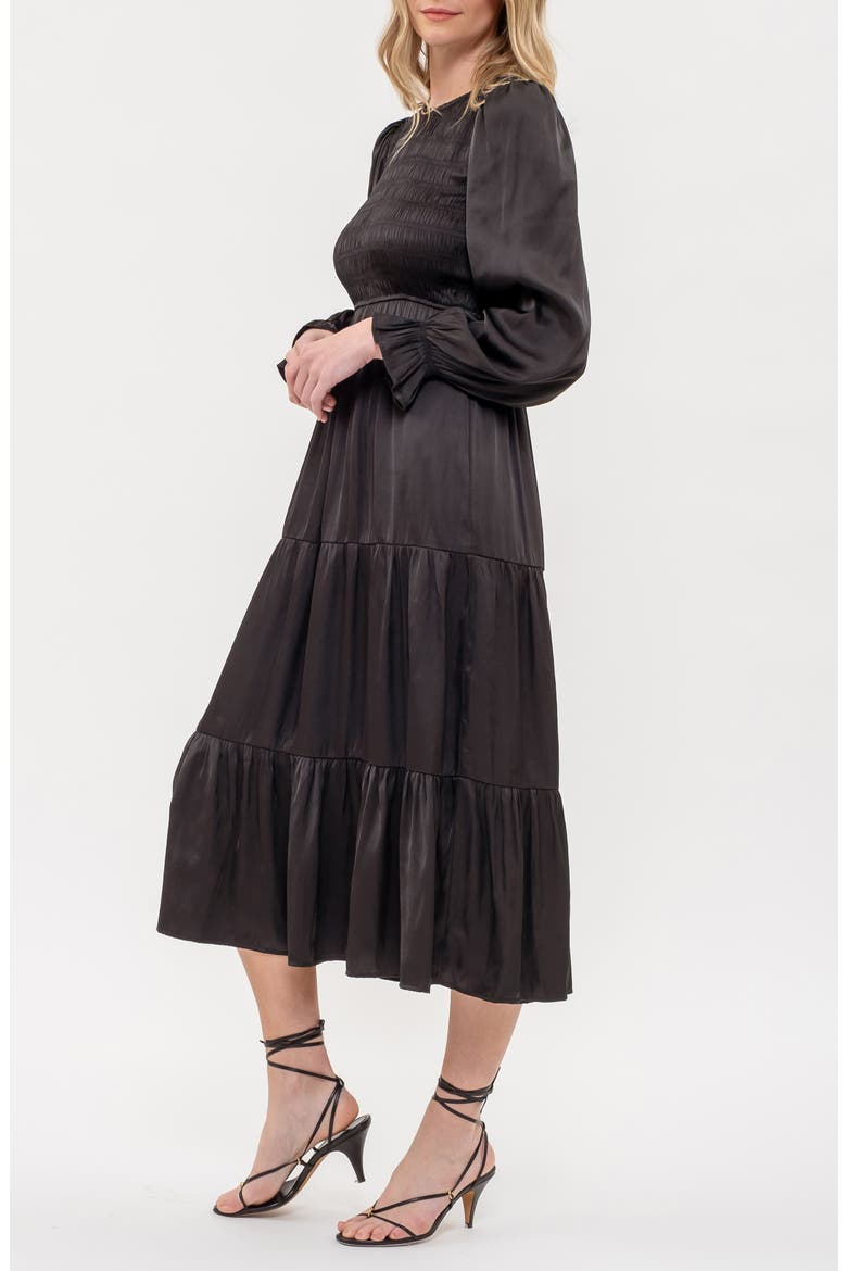 Satin Smocked Long Sleeve Dress, Alternate, color, BLACK