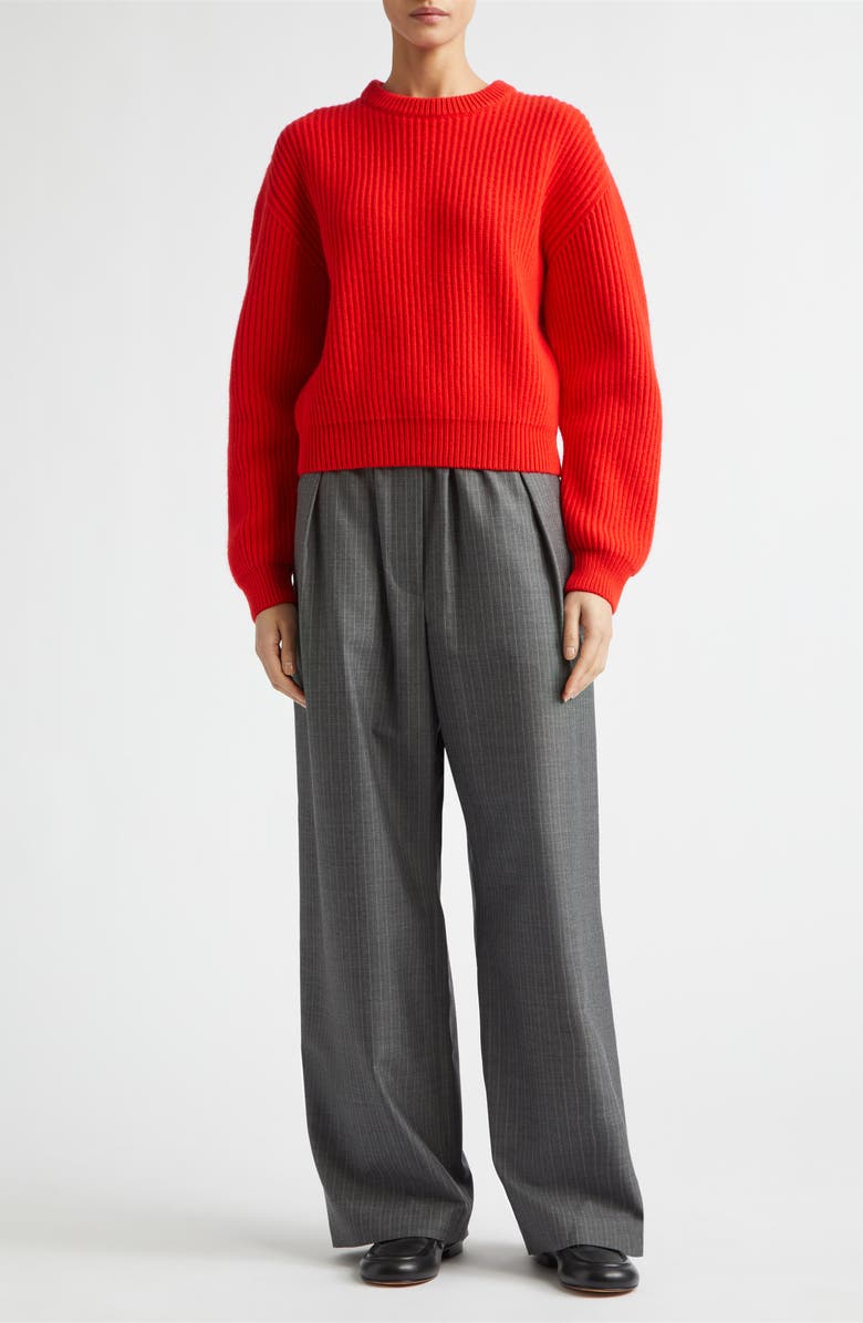 Jil Sander Pleated Pinstripe Elastic Waist Wool Wide Leg Pants, Alternate, color, Koala
