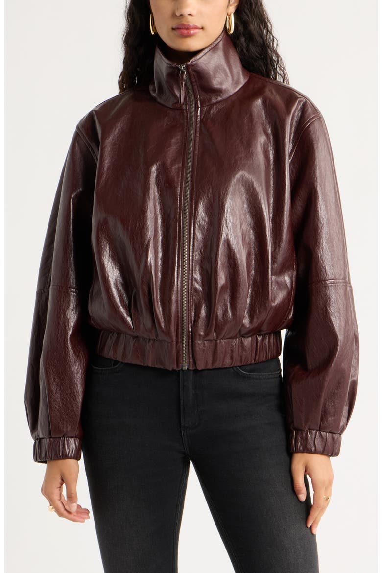 Faux Leather Funnel Neck Jacket, Main, color, BURGUNDY BANNER