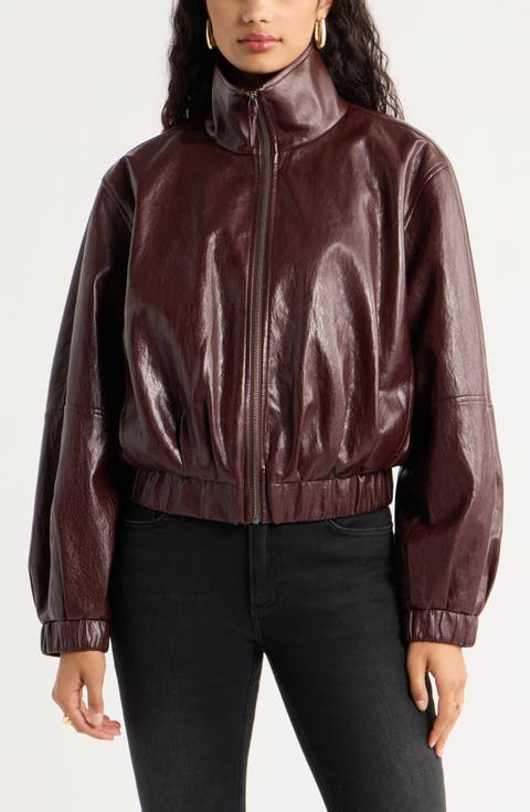 Faux Leather Funnel Neck Jacket