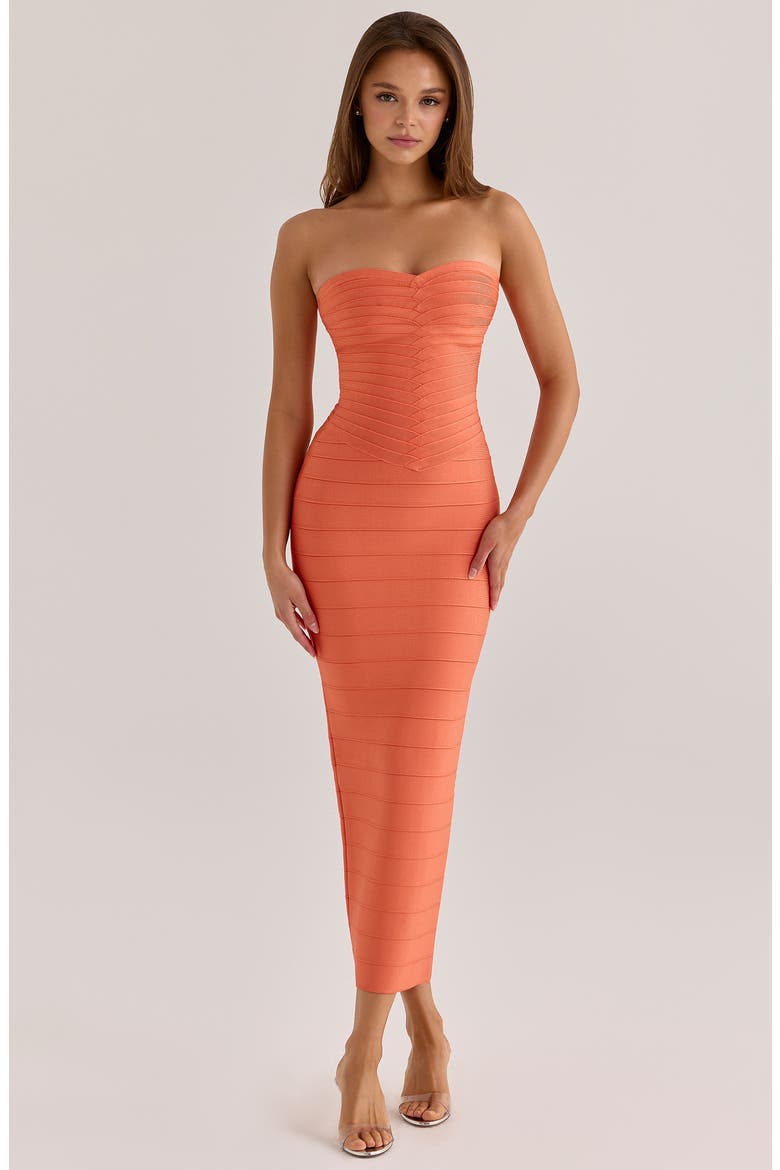 The Sweetheart Strapless Bandage Midi Dress, Alternate, color, CORAL