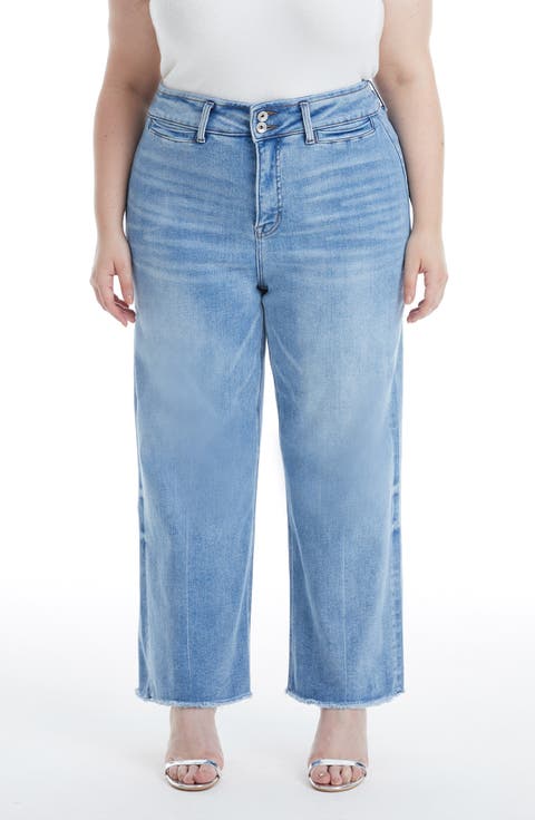 High Waist Raw Hem Wide Leg Jeans (Plus)