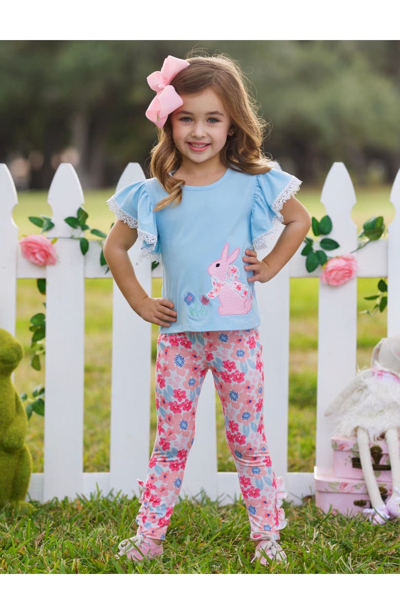Mia Belle Girls Girls Bunny Bliss Flutter Top and Floral Legging Set, Alternate, color, Blue