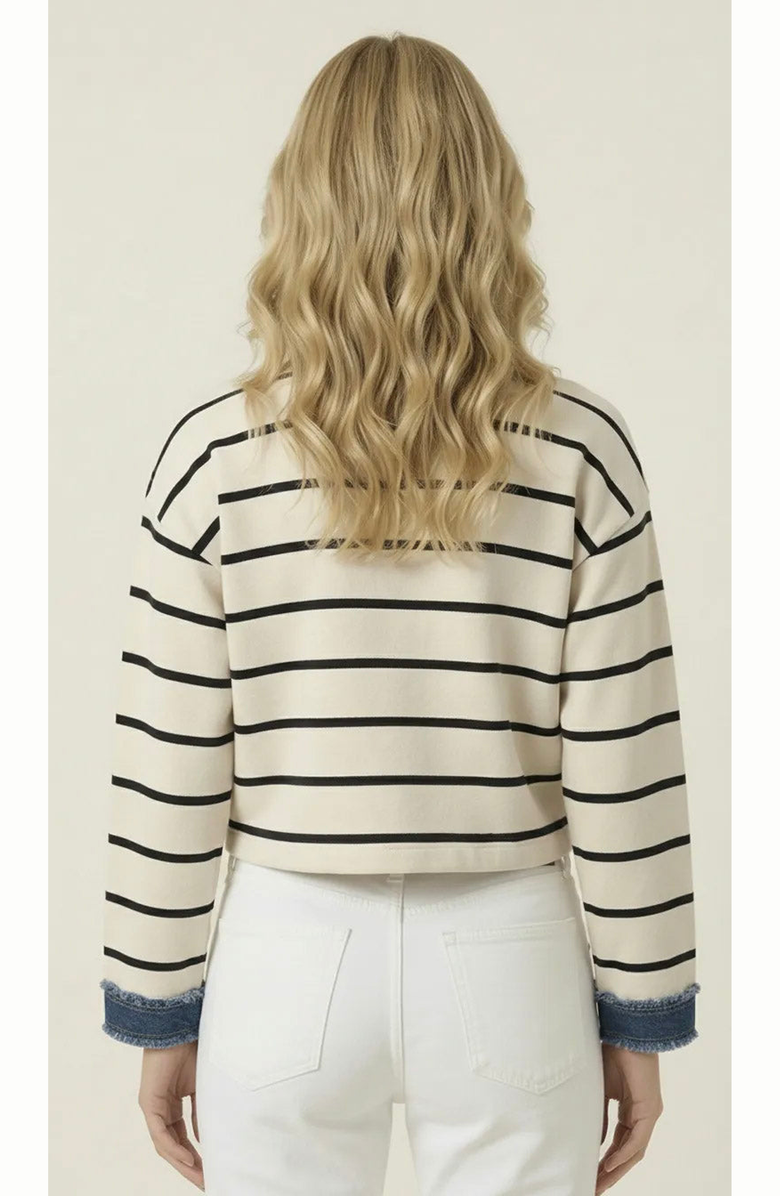 Modenaire Striped Knit Denim Trim Cardigan, Alternate, color, Cream / Navy Blue