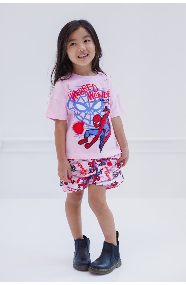 Marvel Spider-Man T-Shirt & French Terry Shorts Set, Alternate, color, Pink