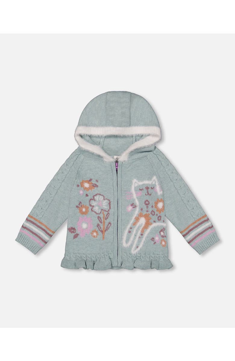 Deux par Deux Little Girl's Jacquard Hooded Knit Cardigan Light Turquoise, Main, color, Frosty Green