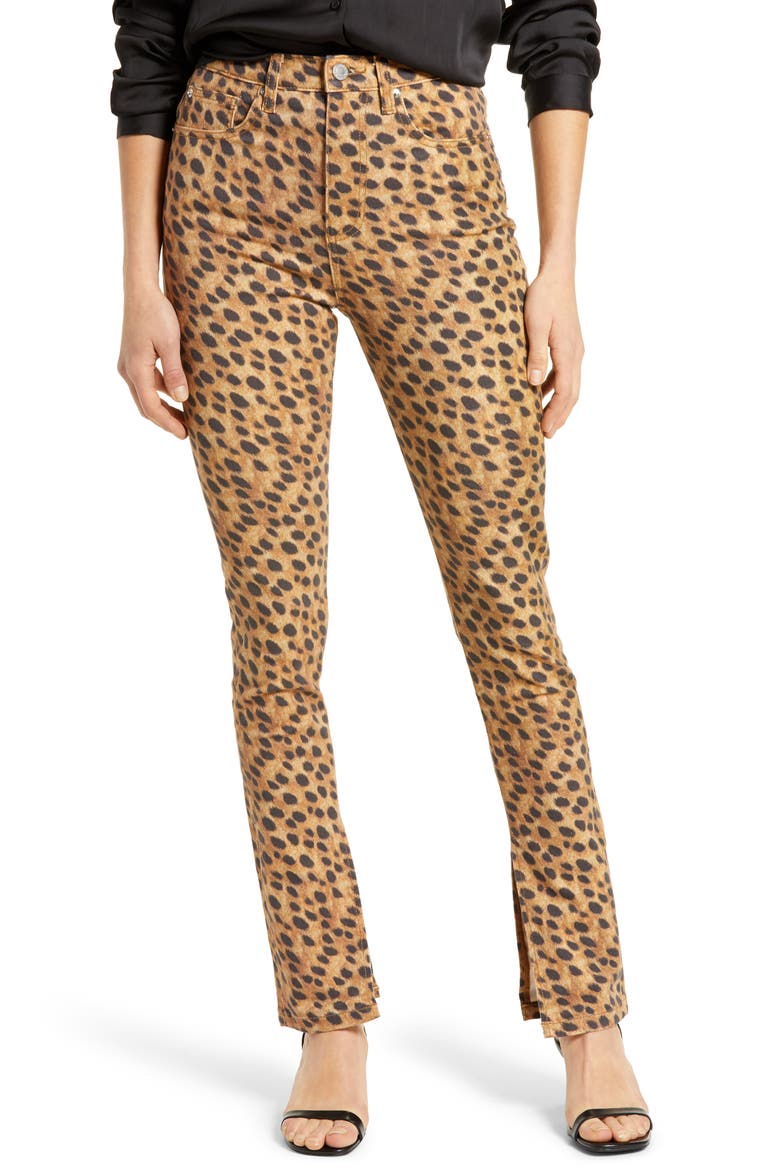 We Wore What Stiletto High Waist Split Hem Leopard Skinny Jeans, Main, color, BROWN