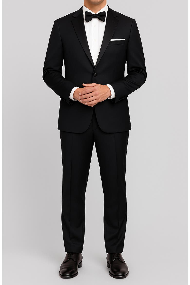 Black Trim Fit Mélange Suit, Main, color, BLACK