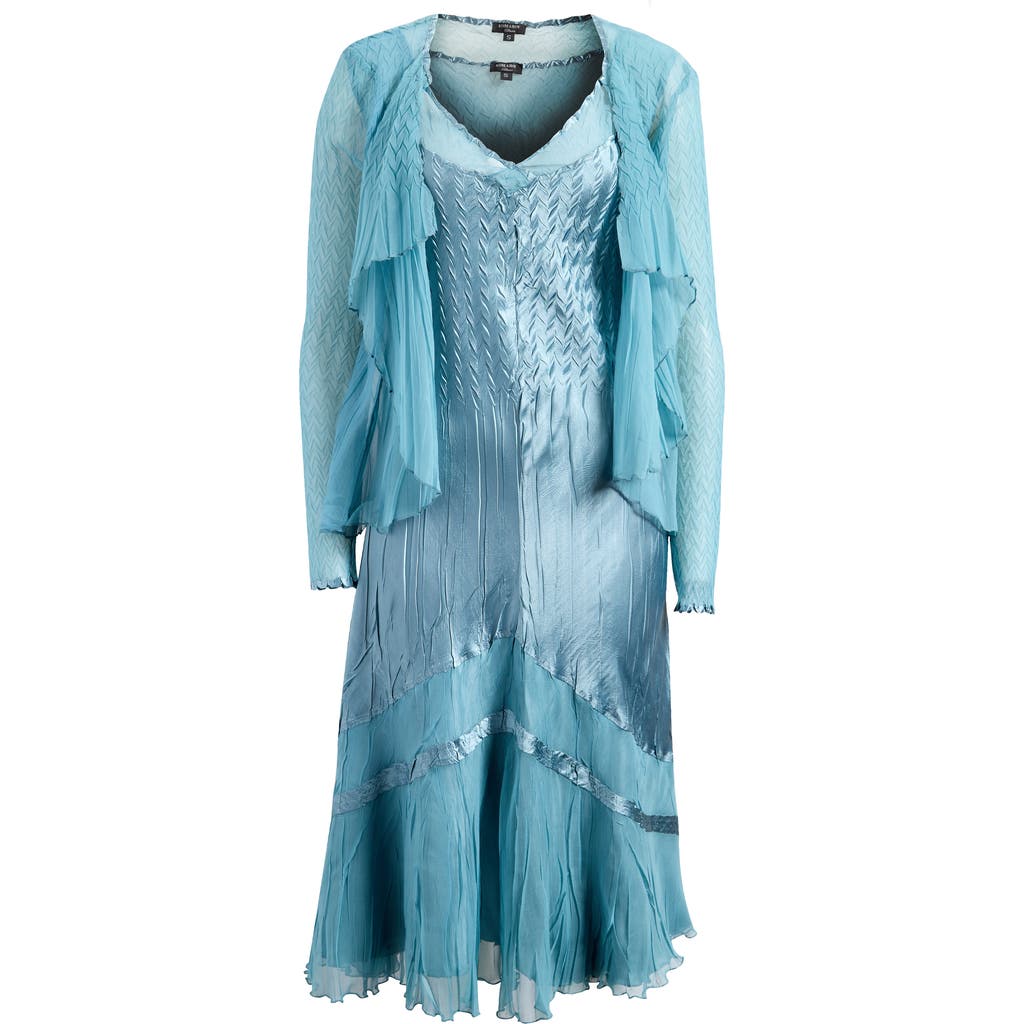 Komarov Textured Charmeuse & Chiffon Dress & Jacket Set In Silver Blue