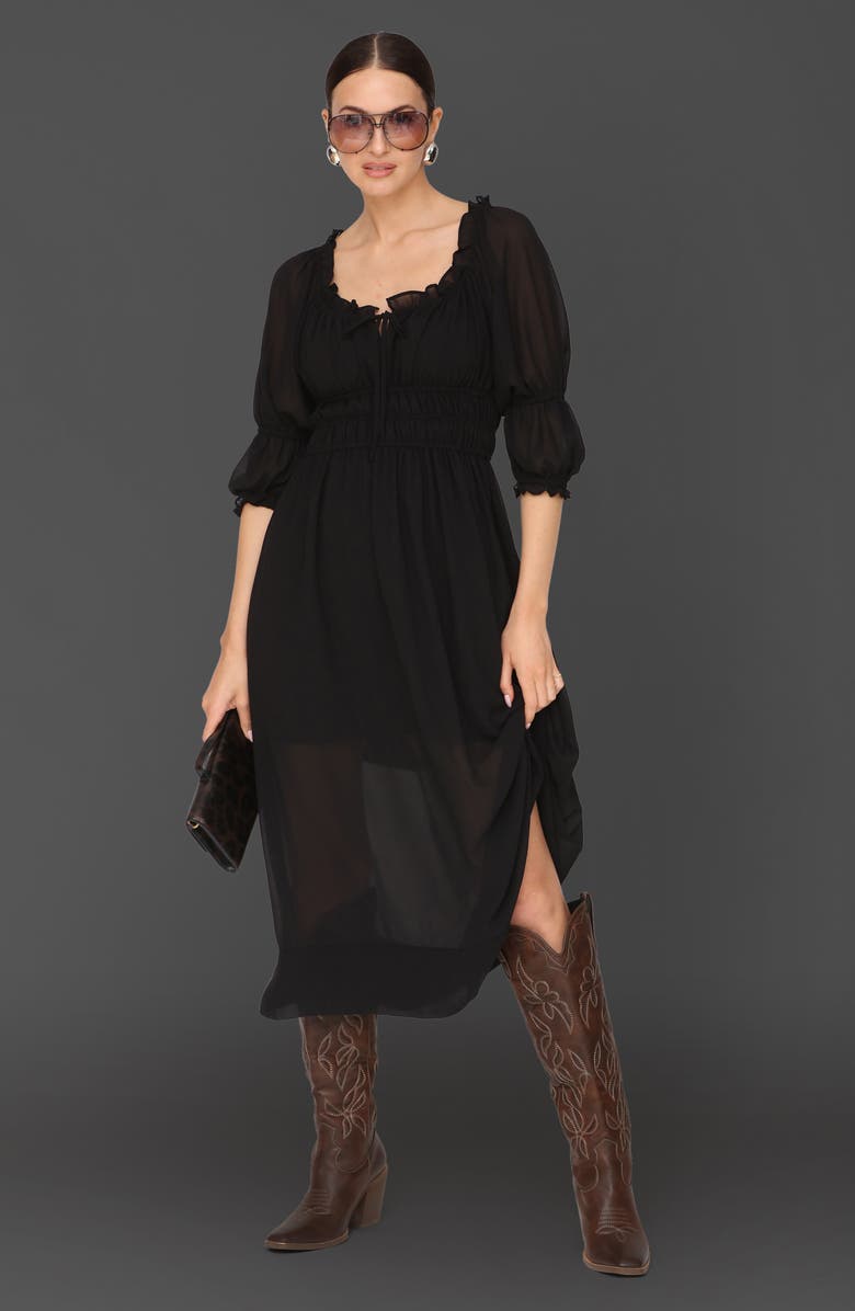 Avec Les Filles Ruffle Midi Dress, Alternate, color, Black