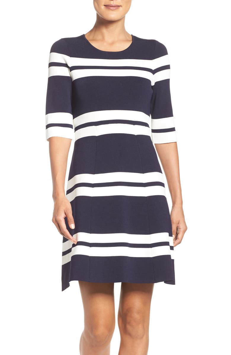 Eliza J Stripe Stretch Knit Fit & Flare Dress, Main, color,