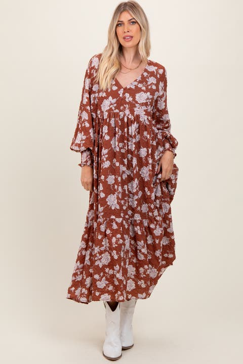 Floral Textured Bubble Sleeve Maxi Dress