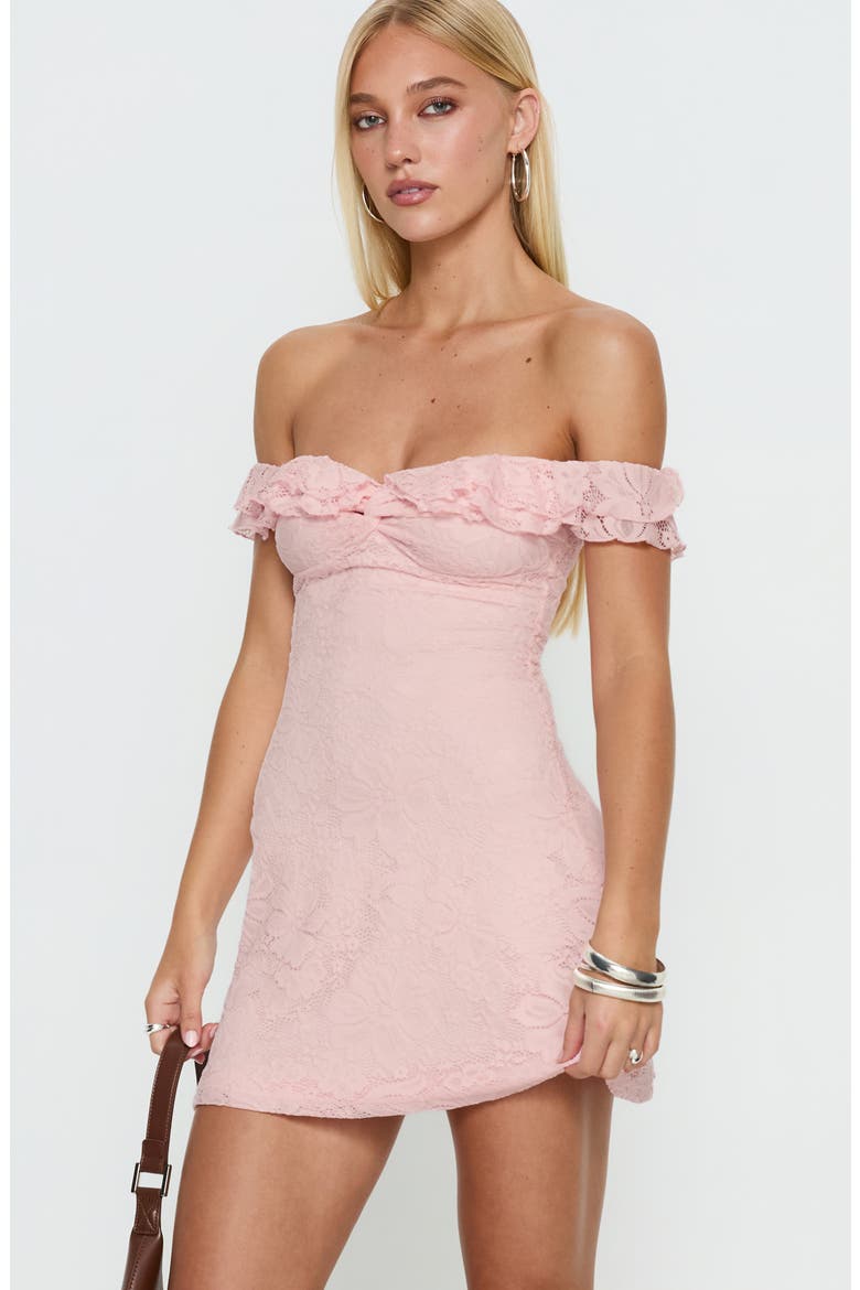 Anabeila Lace Off the Shoulder Minidress, Alternate, color, LIGHT PINK