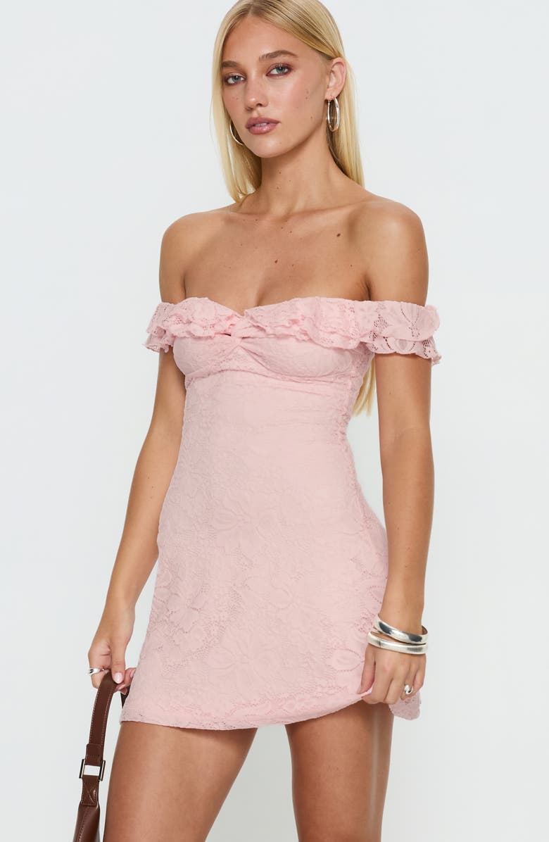Princess Polly Anabeila Lace Off the Shoulder Minidress, Alternate, color, Light Pink