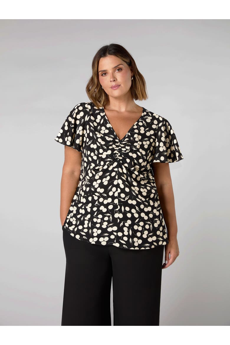 Cherry Print Ruched Flutter Sleeve Top, Alternate, color, Cherry Print