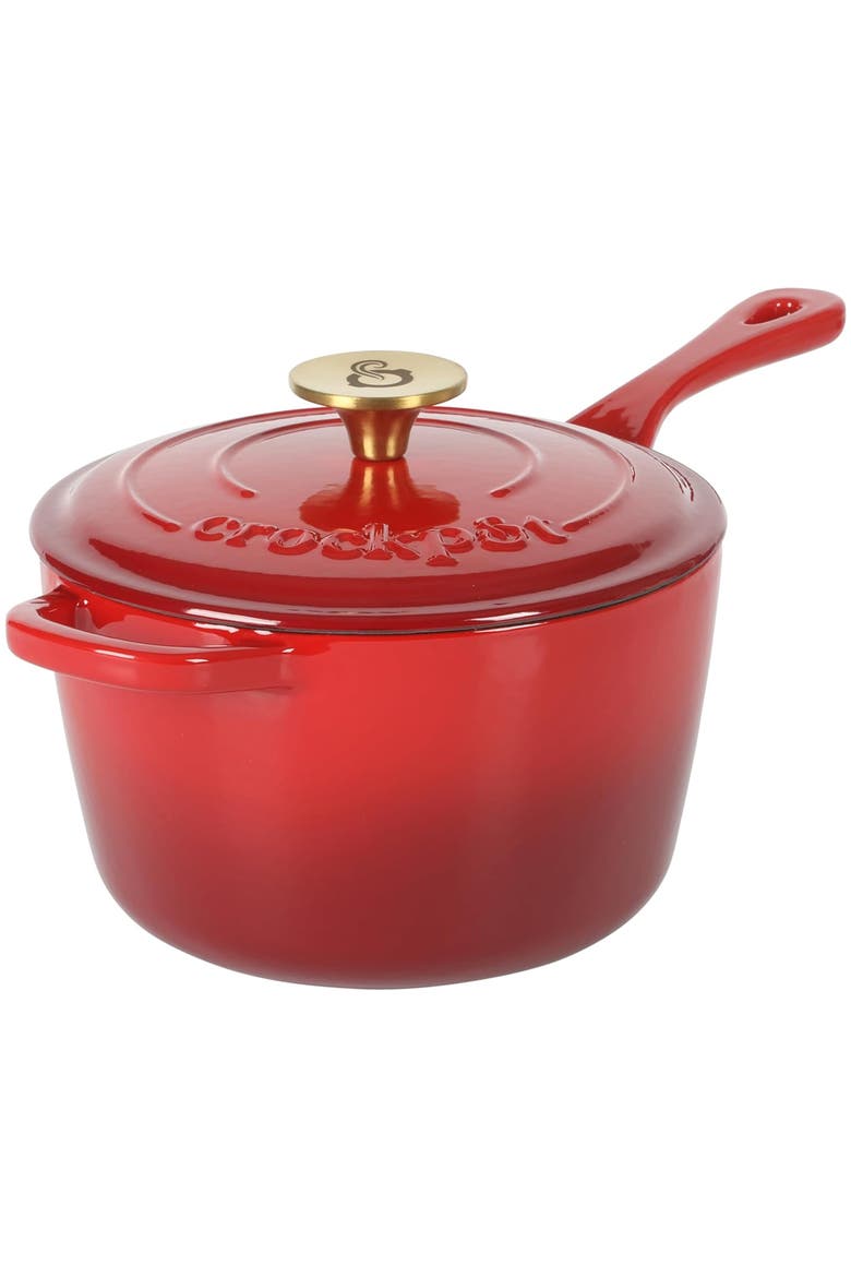 3 Quart Enameled Cast Iron Saucepan with Lid, Main, color, Red