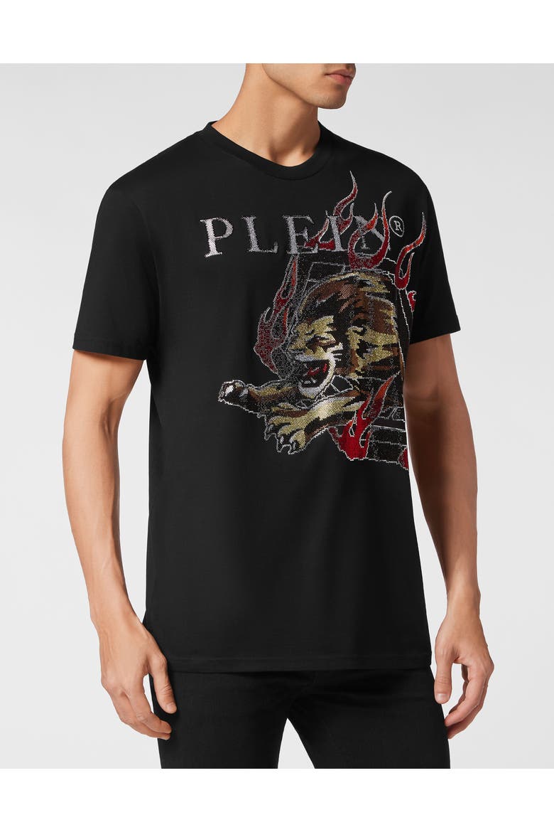 T-Shirt Round Neck Ss With Crystals Lion Circus Men, Main, color, black