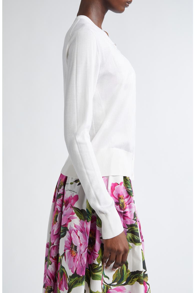 Floral Appliqué Silk Crewneck Cardigan, Alternate, color, BIANCO OTTICO
